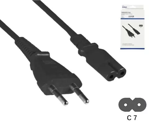 Kabel zasilający z wtyczką Euro typu C do C7, 0,75 mm², wtyczka Euro/IEC 60320-C7, VDE, czarny, długość 1,80 m, puszka DINIC